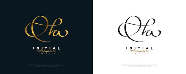 Design de logotipo de assinatura inicial ha com estilo de caligrafia dourada inicial h e design de logotipo para boutique de joias de moda de casamento e identidade de marca de negócios