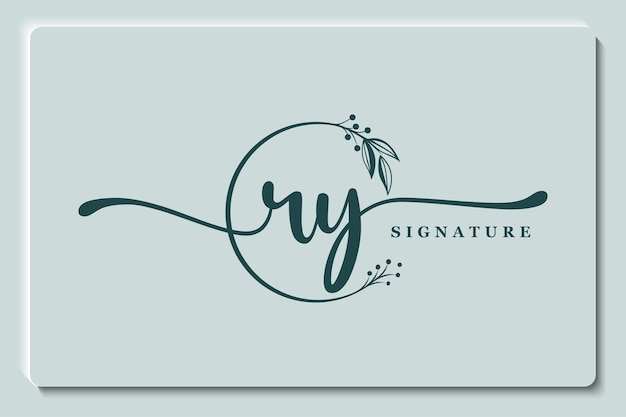 Design de logotipo de assinatura ry inicial isolada folha e flor