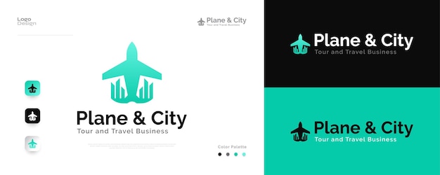 Design de logotipo de avião e cidade com conceito de gradiente logotipo de avião moderno e abstrato ou ícone adequado para viagens de turismo de companhias aéreas de aviação ou logotipo de negócios imobiliários