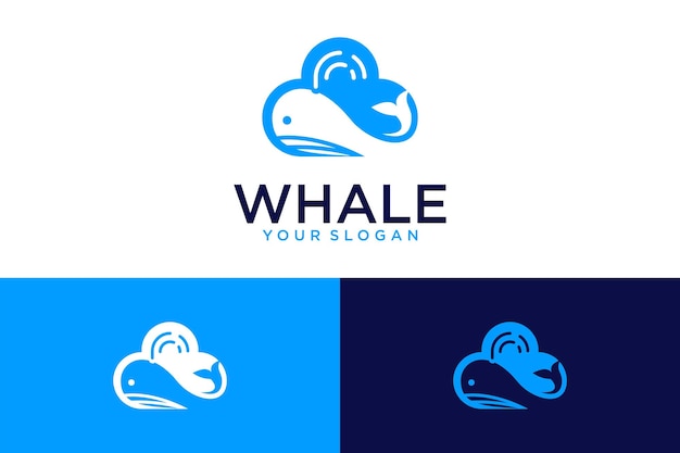 Design de logotipo de baleia com mar e nuvens