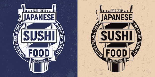 Design de logotipo de bar de sushi vintage, selo de impressão grange, emblema criativo de tipografia de comida japonesa, vector