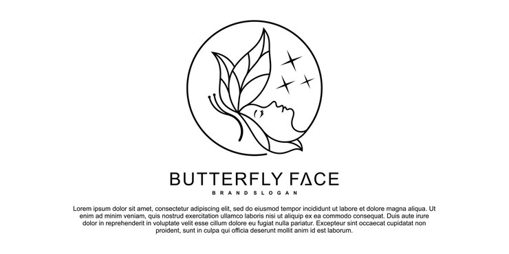 Vetor design de logotipo de beleza de mulher de rosto de borboleta abstrato com estilo de arte de linha criativa vetor premium