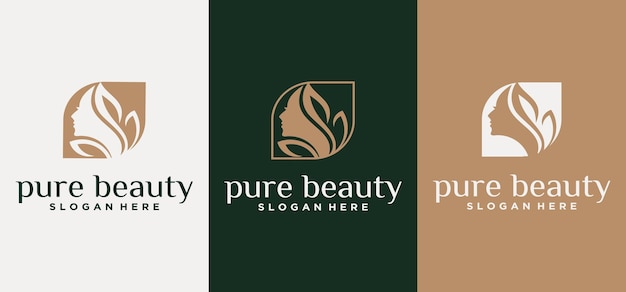 Design de logotipo de beleza pura com arte de linha e conceito de folhas conceito de natureza de logotipo de beleza pura