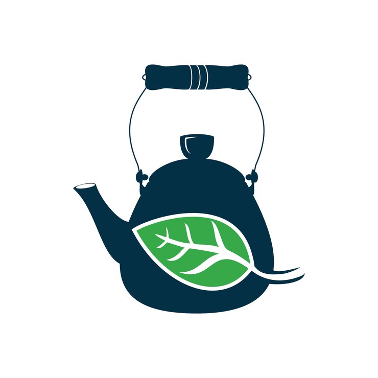 Vetor design de logotipo de bule com combinação de folhas conceito de logotipo de produto de chá energético verde