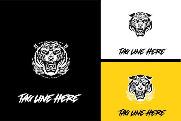 Design de logotipo de cabeça de tigre e vetor de folha preto e branco