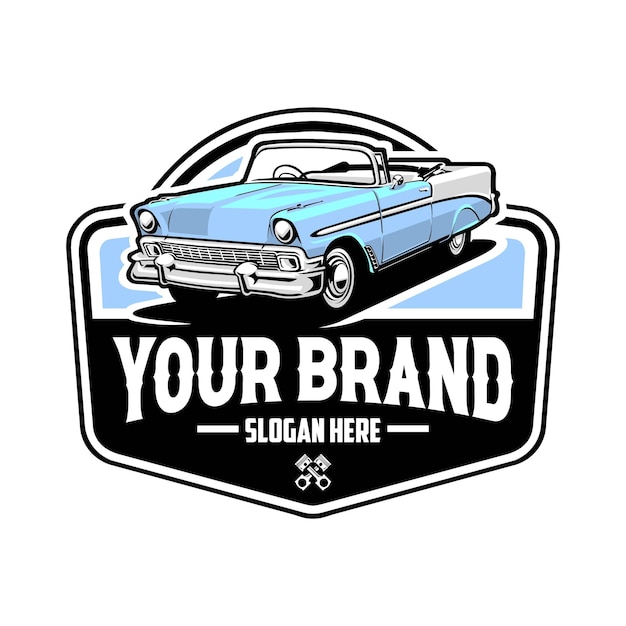 Design de logotipo de carro clássico premium, logotipo de emblema de círculo vintage pronto para uso, melhor para mecânico e restaurador