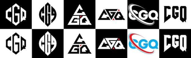 Design de logotipo de carta cgq em seis estilos cgq polígono círculo triângulo hexágono estilo plano e simples com logotipo de carta de variação de cor preto e branco definido em uma prancheta logotipo minimalista e clássico cgq