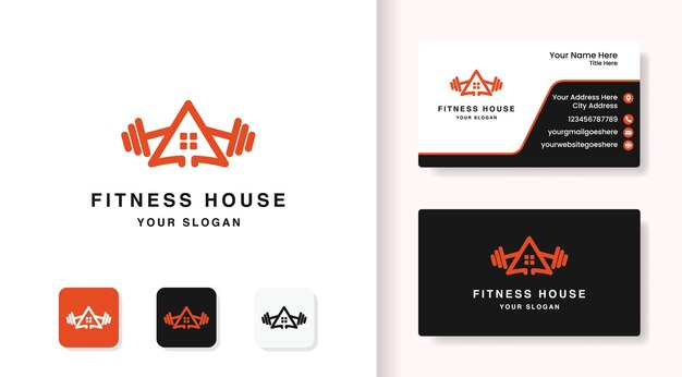 Design de logotipo de casa de fitness com estilo de linha e design de cartão de visita