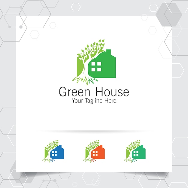 Design de logotipo de casa verde com conceito de ilustração vetorial de casa e folha para o setor imobiliário