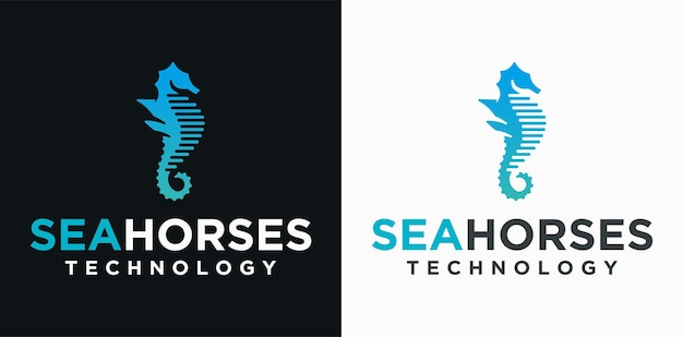 Design de logotipo de cavalo marinho de tecnologia, design exclusivo de animal marinho, cavalo marinho com conceito de tecnologia