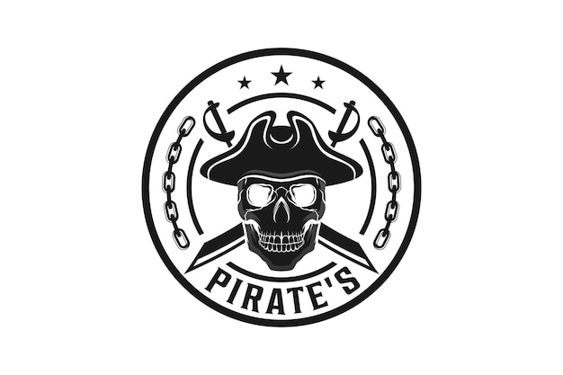 Design de logotipo de caveira de cabeça de pirata com chapéu de cowboy e silhueta de ilustração de forma arredondada de espada cruzada v