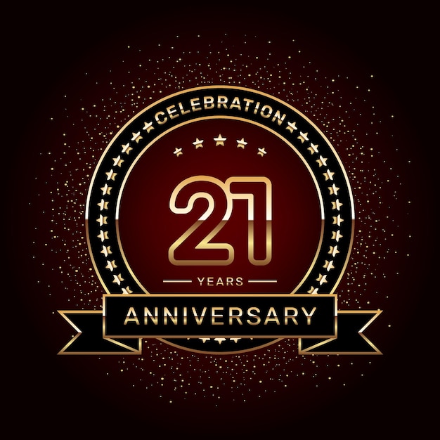 Vetor design de logotipo de celebração do 21º aniversário com um modelo de vetor de anel e fita de ouro