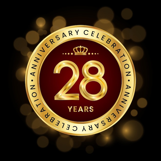 Design de logotipo de celebração do 28º aniversário com modelo de vetor de logotipo de estilo de emblema dourado