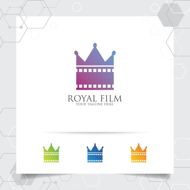 Design de logotipo de cinema cinematográfico com conceito de stip de filme e vetor de coroa para casa de produção