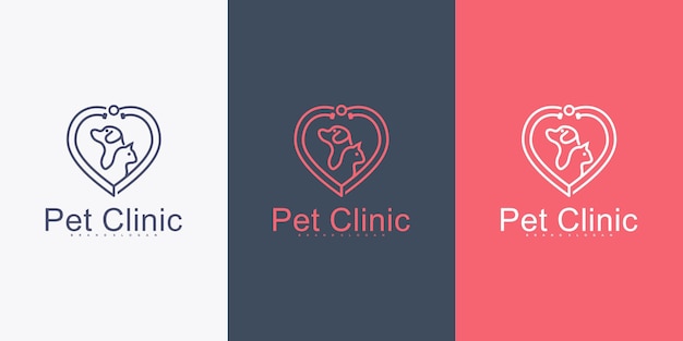 Design de logotipo de clínica de animais de estimação com estilo de arte de linha criativa vetor premium