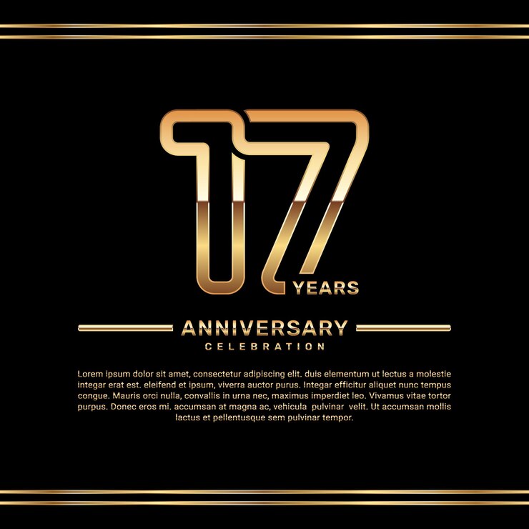Vetor design de logotipo de comemoração do 17º aniversário com números de linha dupla na cor dourada