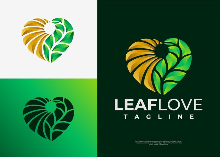 Design de logotipo de coração de amor de folha de natureza colorida gradiente