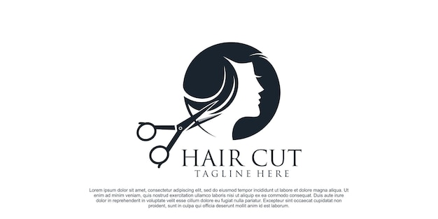 Design de logotipo de corte de cabelo para salão de beleza feminino com tesoura de cabelo e conceito criativo vetor premium