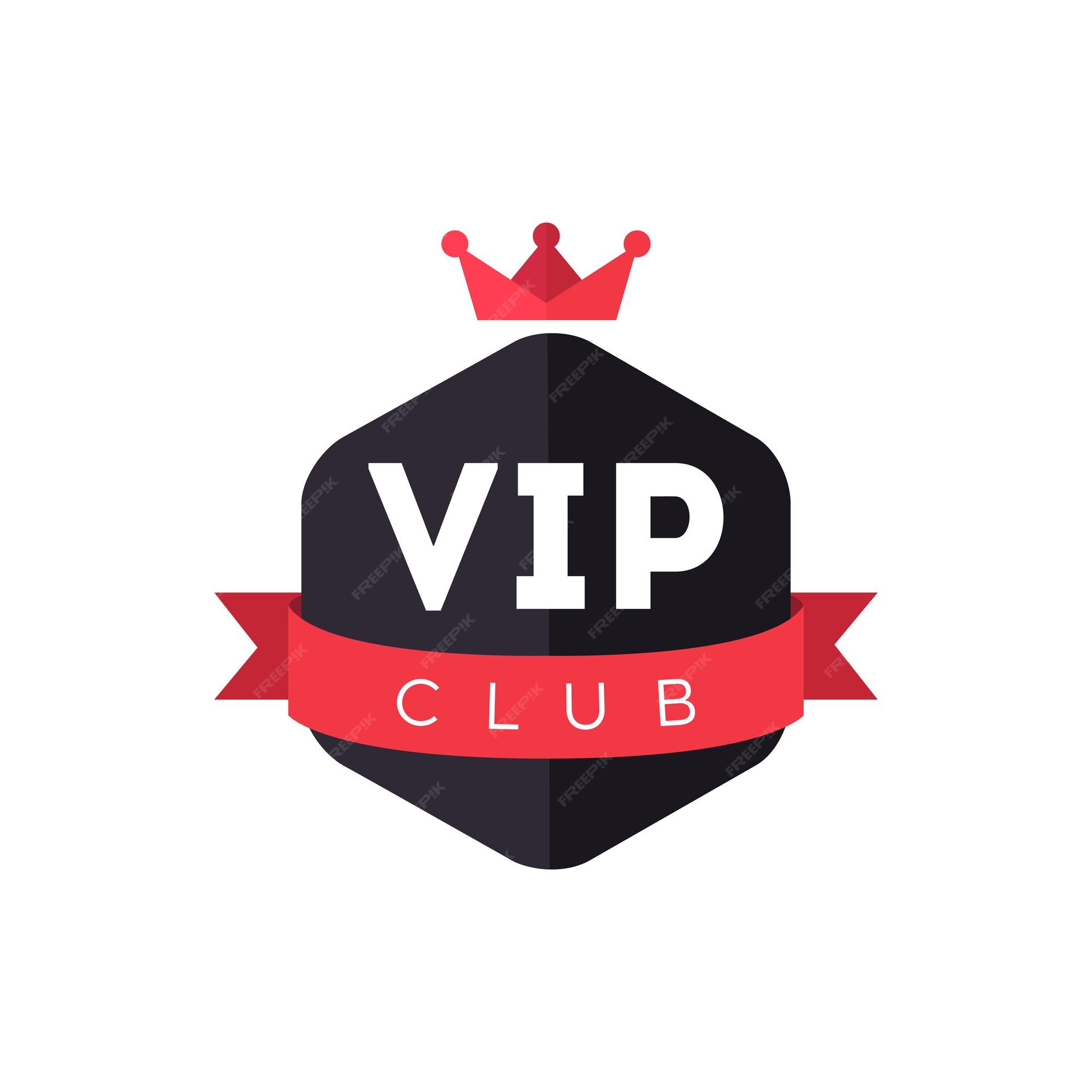 Design de logotipo de crachá de associação exclusiva do clube vip com coroa  vermelha e fita em fundo branco