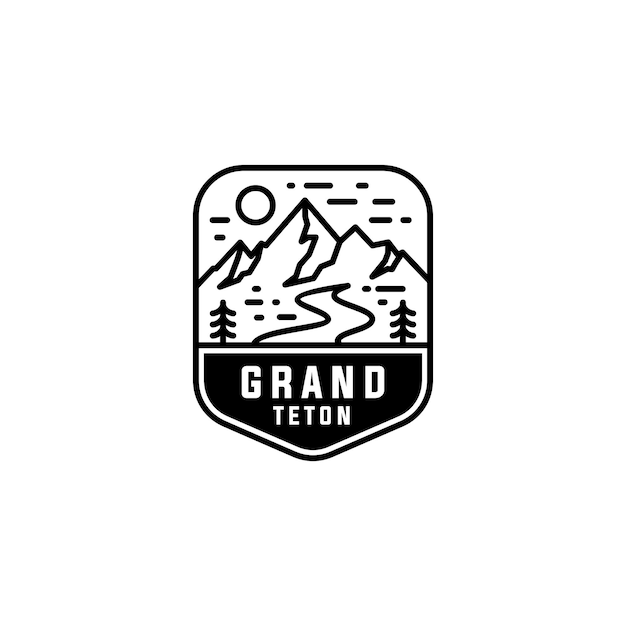 Design de logotipo de crachá monoline grand teton mountain adventure