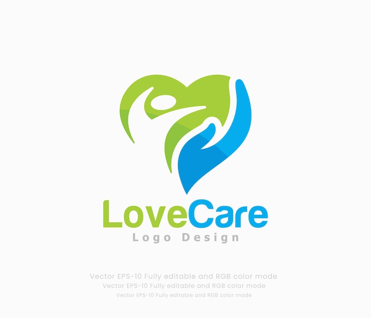 Vetor design de logotipo de cuidado de amor com um coração e uma pessoa segurando um coração.