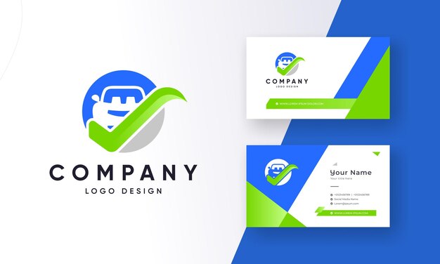 Vetor design de logotipo de cuidados de automóveis de verificação automotiva certificado com modelo de cartão de visita premium