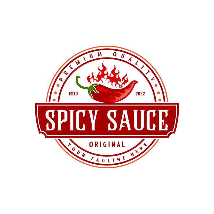 Vetor design de logotipo de emblema de molho de pimenta picante. o conceito de pimentão e fogo, para produtos de molho, alimentos picantes