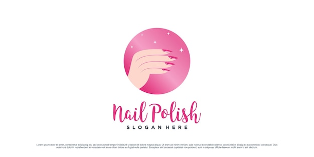 Design de logotipo de esmalte para salão de manicure com mãos de mulher e conceito de círculo vetor premium