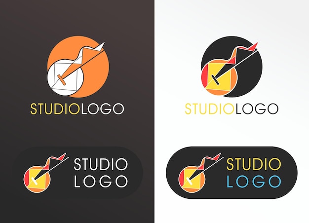 Design de logotipo de estúdio de música com ilustração de guitarra como logotipo em diferentes formatos e cores