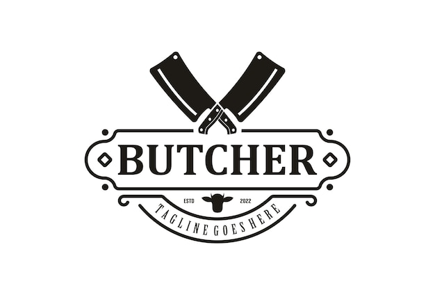 Design de logotipo de etiqueta de açougue vintage Faca de cutelo cruzado com design vetorial de ícone de cabeça de Angus