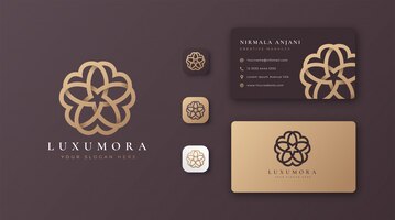 Vetor design de logotipo de flor dourada abstrata de luxo com cartão de visita
