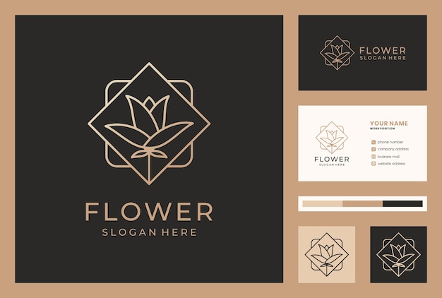 Design de logotipo de flor elegante em estilo monoline com modelo de cartão de visita.