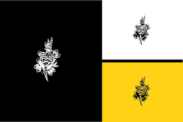 Design de logotipo de flores e espada vector preto e branco