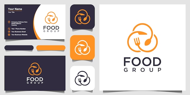 Design de logotipo de grupo de alimentos combinado com um garfo, faca e colher. design de cartão de visita