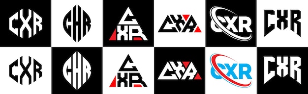 Vetor design de logotipo de letra cxr em seis estilos cxr polígono círculo triângulo hexágono estilo plano e simples com logotipo de carta de variação de cor preto e branco definido em uma prancheta logotipo minimalista e clássico cxr