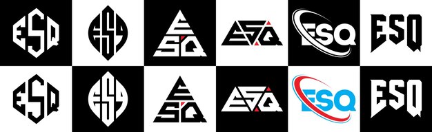 Design de logotipo de letra esq em seis estilos esq polígono círculo triângulo hexágono estilo plano e simples com logotipo de letra de variação de cor preto e branco definido em uma prancheta logo esq minimalista e clássico