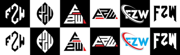 Vetor design de logotipo de letra fzw em seis estilos fzw polígono círculo triângulo hexágono estilo plano e simples com logotipo de carta de variação de cor preto e branco definido em uma prancheta logotipo minimalista e clássico fzw