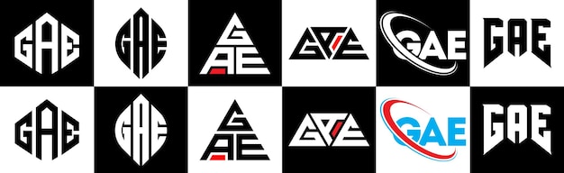 Design de logotipo de letra gae em seis estilos gae polígono círculo triângulo hexágono estilo plano e simples com logotipo de carta de variação de cor preto e branco definido em uma prancheta logotipo minimalista e clássico gae