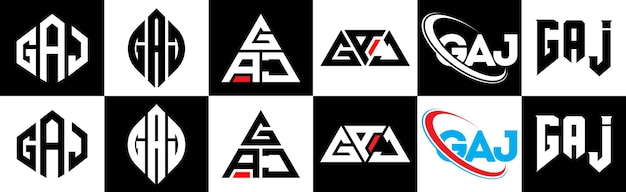 Vetor design de logotipo de letra gaj em seis estilos gaj polígono círculo triângulo hexágono estilo plano e simples com logotipo de carta de variação de cor preto e branco definido em uma prancheta logotipo minimalista e clássico gaj