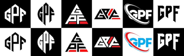 Vetor design de logotipo de letra gpf em seis estilos gpf polígono círculo triângulo hexágono estilo plano e simples com logotipo de carta de variação de cor preto e branco definido em uma prancheta logotipo minimalista e clássico gpf