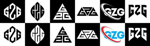 Vetor design de logotipo de letra gzg em seis estilos gzg polígono círculo triângulo hexágono estilo plano e simples com logotipo de carta de variação de cor preto e branco definido em uma prancheta logotipo minimalista e clássico gzg
