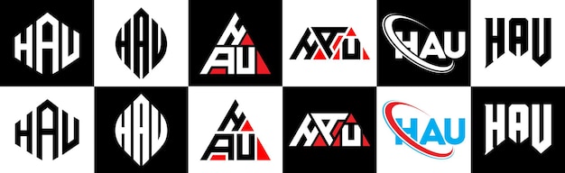 Vetor design de logotipo de letra hau em seis estilos hau polígono círculo triângulo hexágono estilo plano e simples com logotipo de letra de variação de cor preto e branco definido em uma prancheta logotipo minimalista e clássico hau