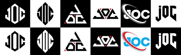 Vetor design de logotipo de letra joc em seis estilos joc polígono círculo triângulo hexágono estilo plano e simples com logotipo de carta de variação de cor preto e branco definido em uma prancheta logotipo minimalista e clássico joc