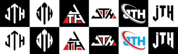 Vetor design de logotipo de letra jth em seis estilos jth polígono círculo triângulo hexágono estilo plano e simples com logotipo de carta de variação de cor preto e branco definido em uma prancheta logotipo minimalista e clássico jth