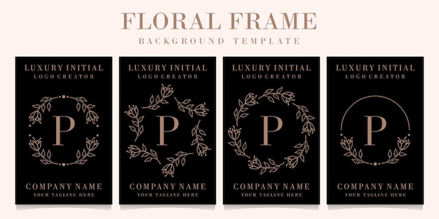 Design de logotipo de letra p de luxo com modelo de fundo de quadro floral