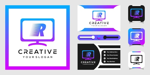 Design de logotipo de letras modernas r com monitor