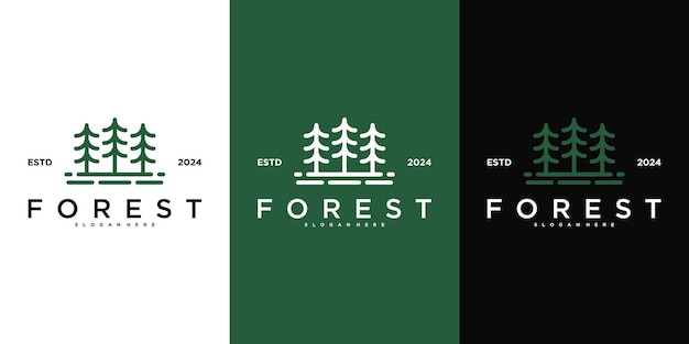 Design de logotipo de linha de arte de floresta de pinheiros abstrata Premium Vector
