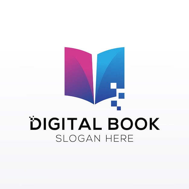 Vetor design de logotipo de livro de tecnologia digital livro aberto com páginas e pixels