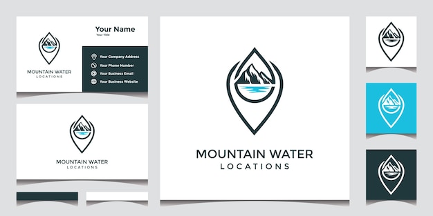 Design de logotipo de localização em água da montanha com cartão de visita elegante