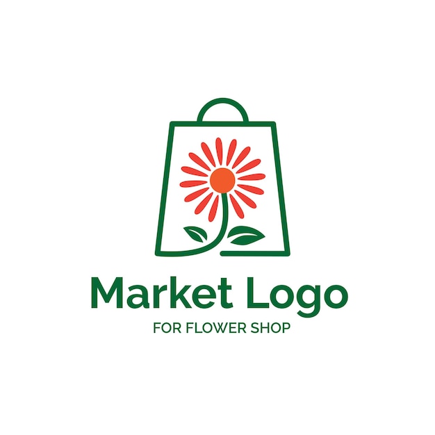 Design de logotipo de loja de mercado de flores com sacola de compras e ilustração de flores